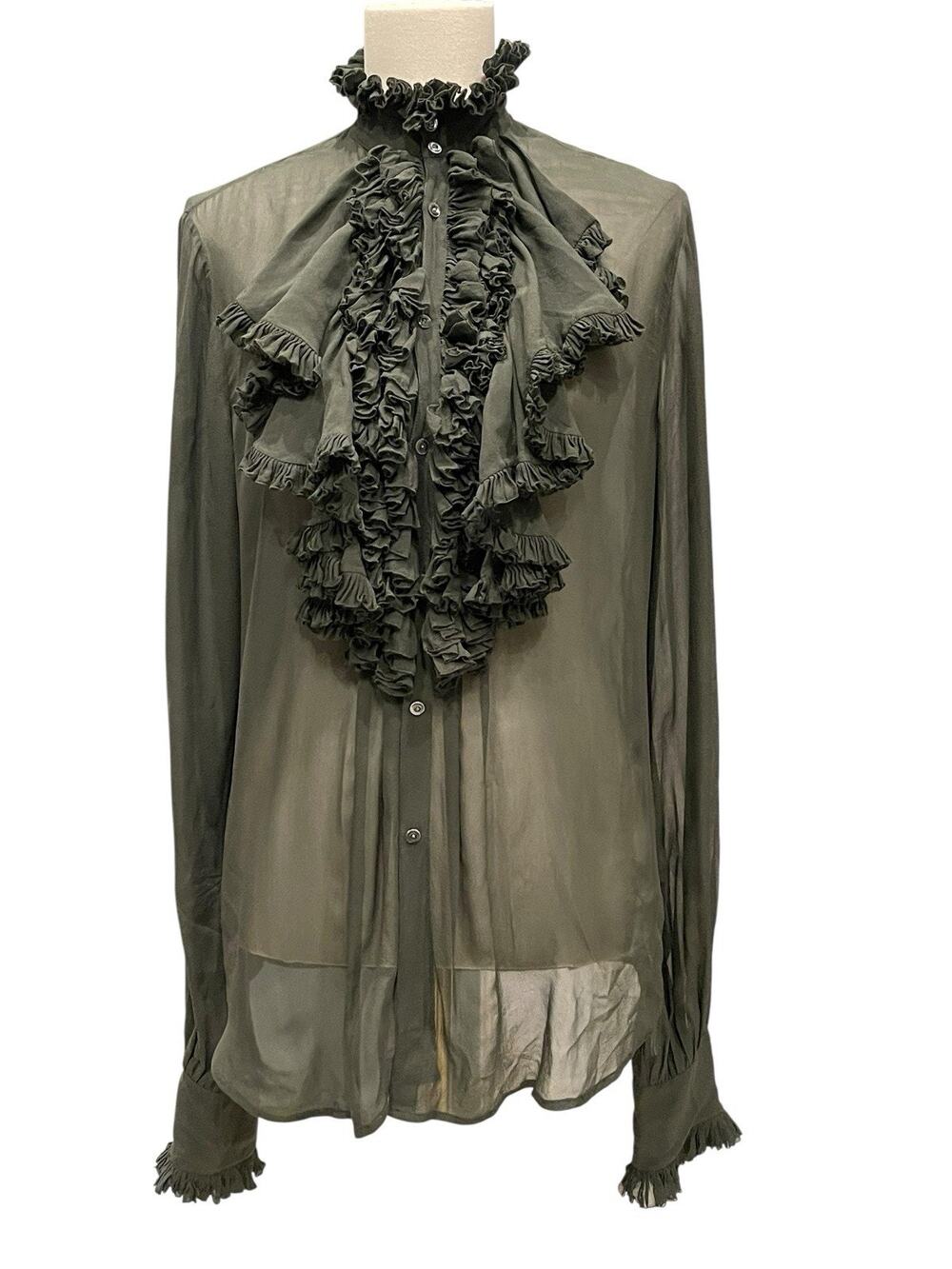Ralph Lauren 100% silk ruffled collar olive green blouse size 8